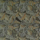 A square-shaped faux suede cushion with a William Morris & Co floral pattern in shades of grey, green, and beige.