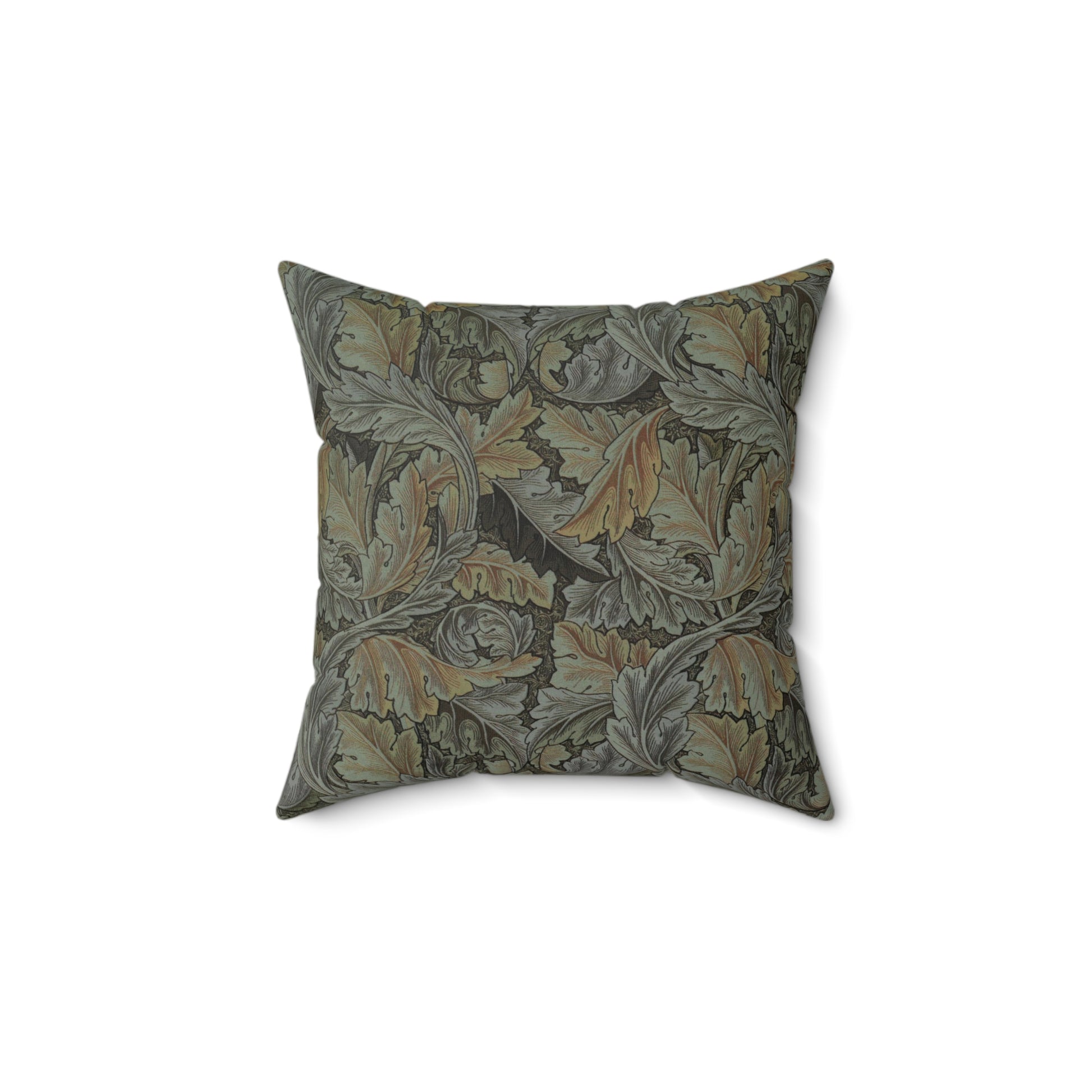 A square-shaped faux suede cushion with a William Morris & Co floral pattern in shades of grey, green, and beige.