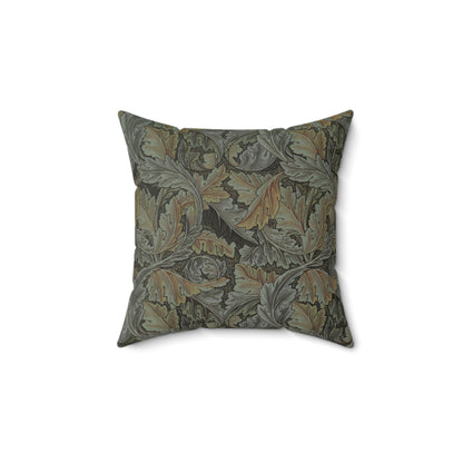 A square-shaped faux suede cushion with a William Morris & Co floral pattern in shades of grey, green, and beige.
