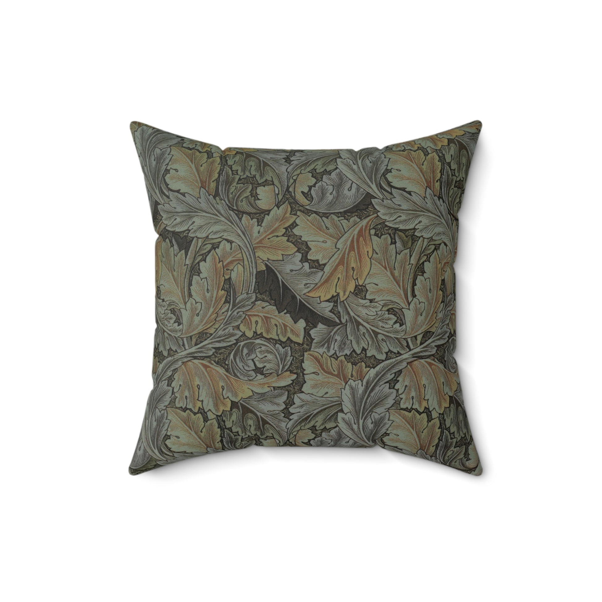 A square-shaped faux suede cushion with a William Morris & Co floral pattern in shades of grey, green, and beige.