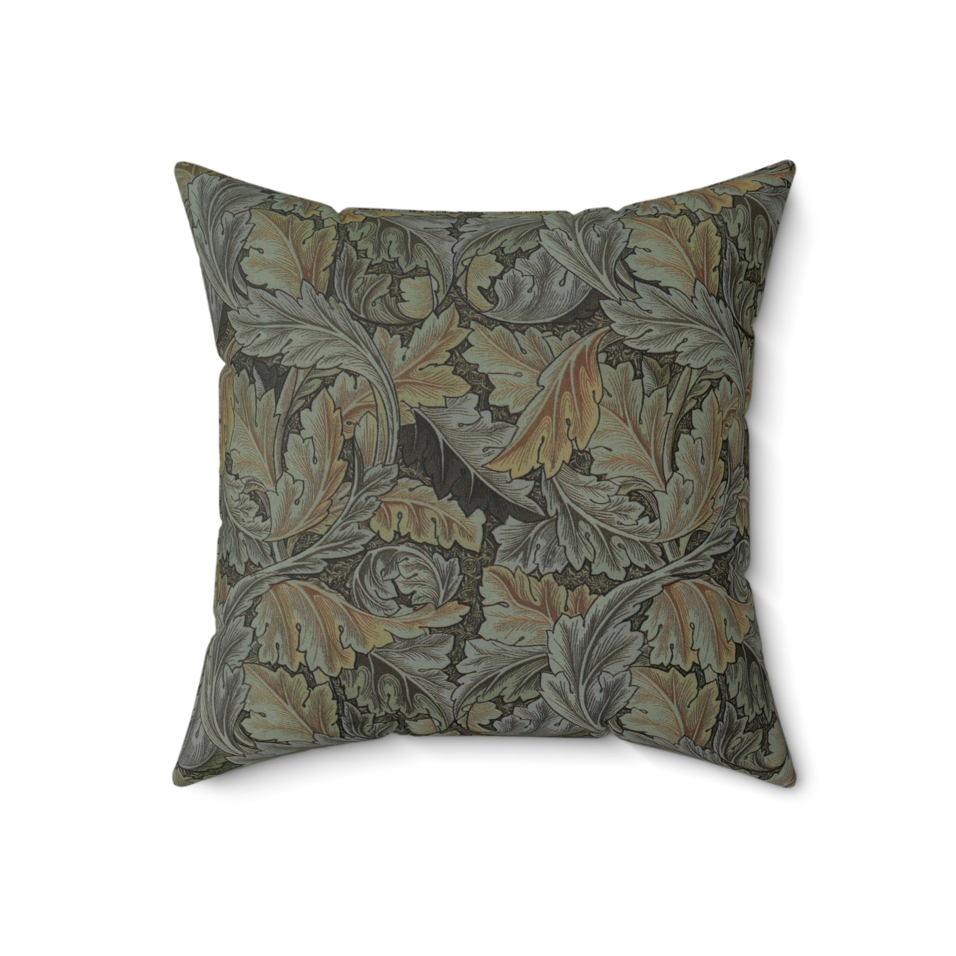 A square-shaped faux suede cushion with a William Morris & Co floral pattern in shades of grey, green, and beige.