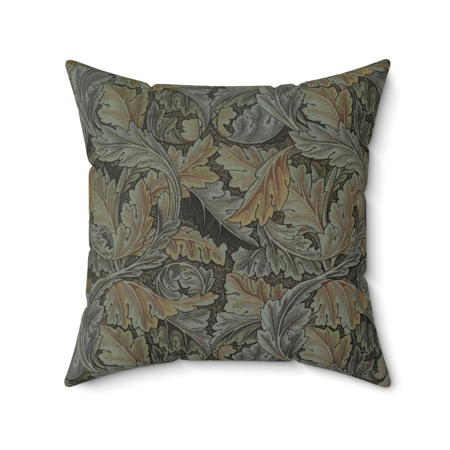 A square-shaped faux suede cushion with a William Morris & Co floral pattern in shades of grey, green, and beige.