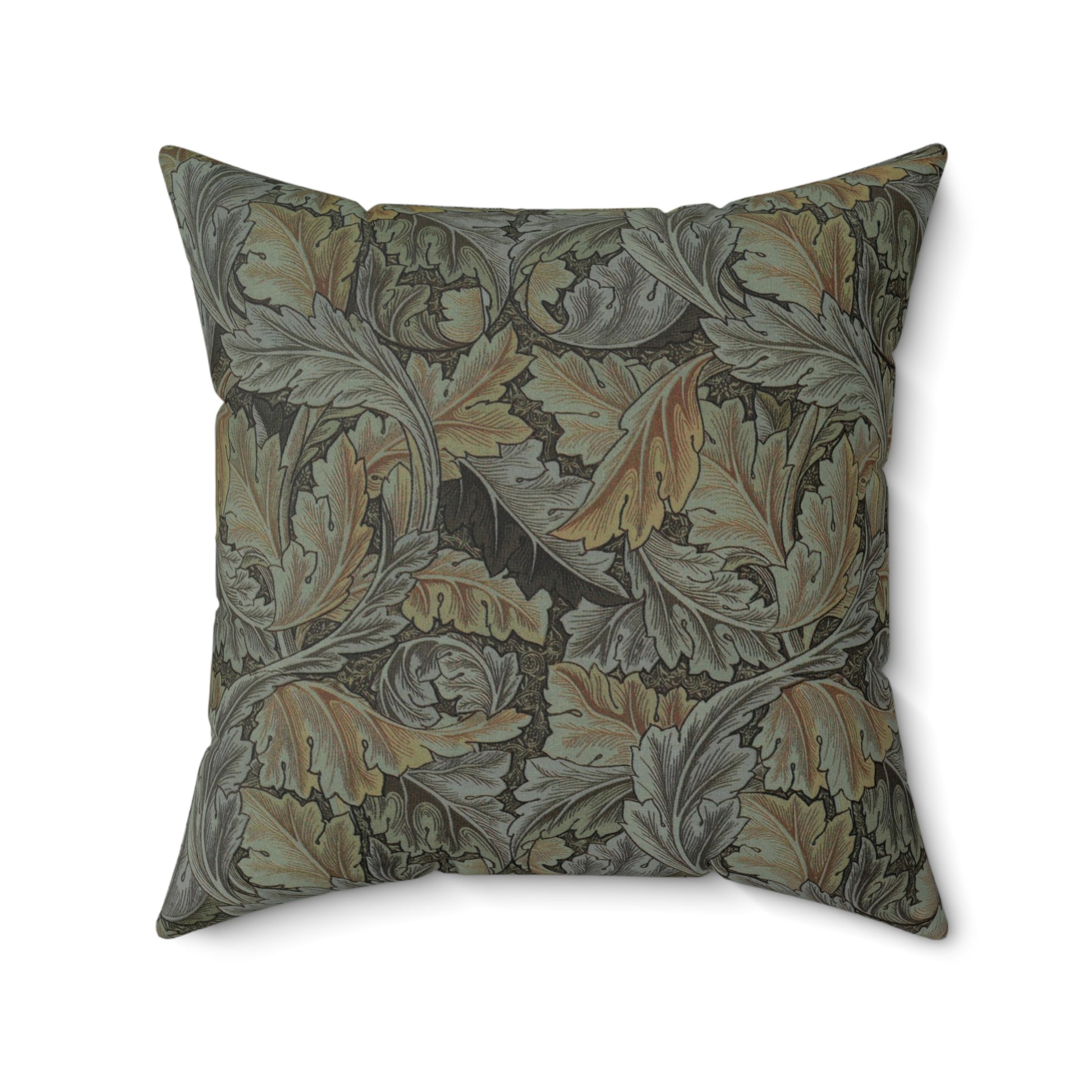 A square-shaped faux suede cushion with a William Morris & Co floral pattern in shades of grey, green, and beige.