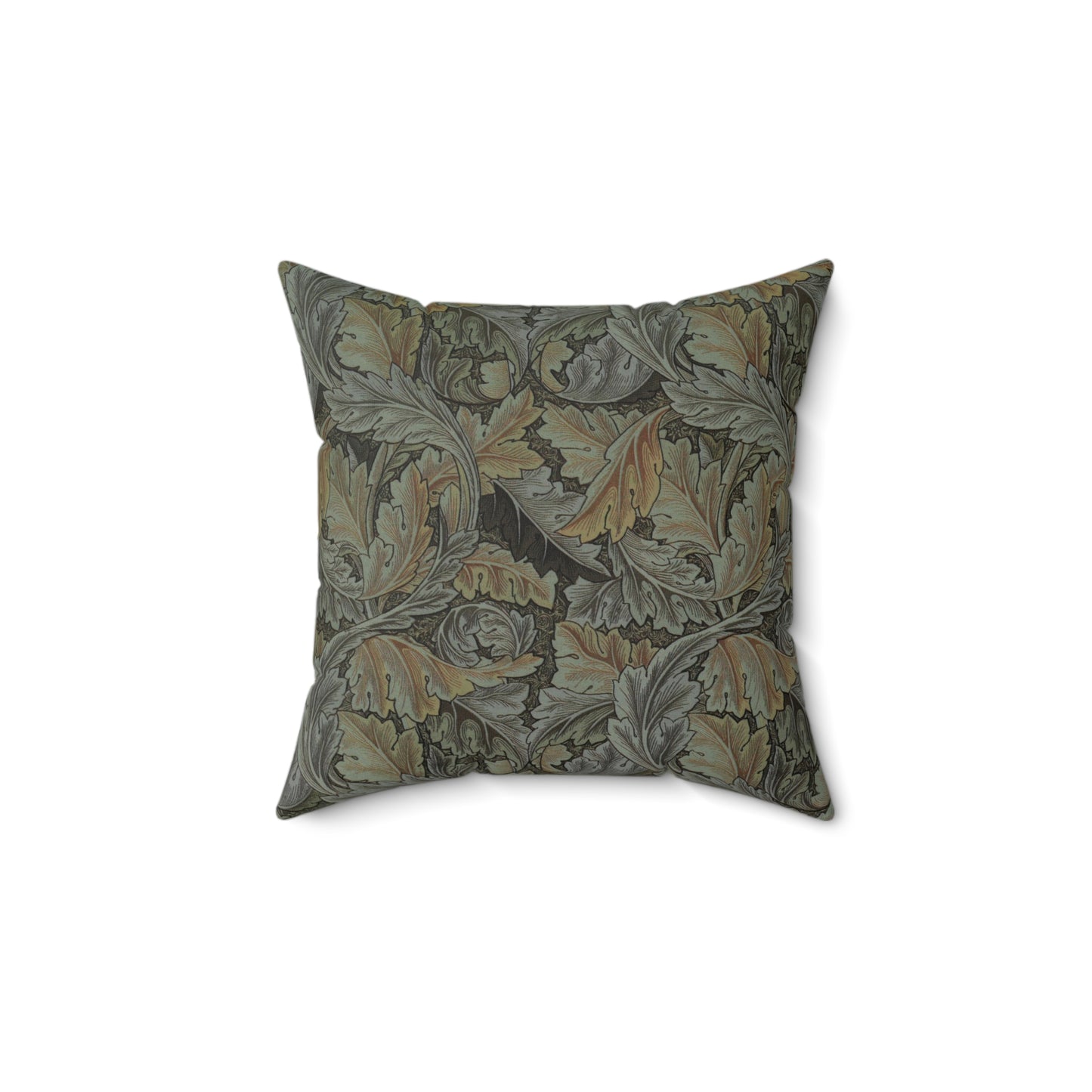 A square-shaped faux suede cushion with a William Morris & Co floral pattern in shades of grey, green, and beige.
