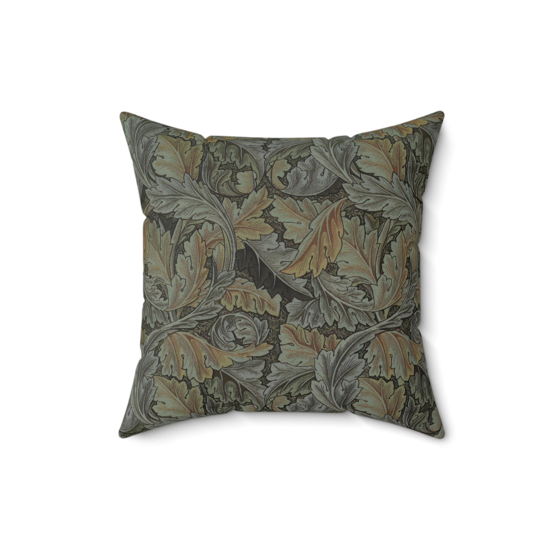 A square-shaped faux suede cushion with a William Morris & Co floral pattern in shades of grey, green, and beige.