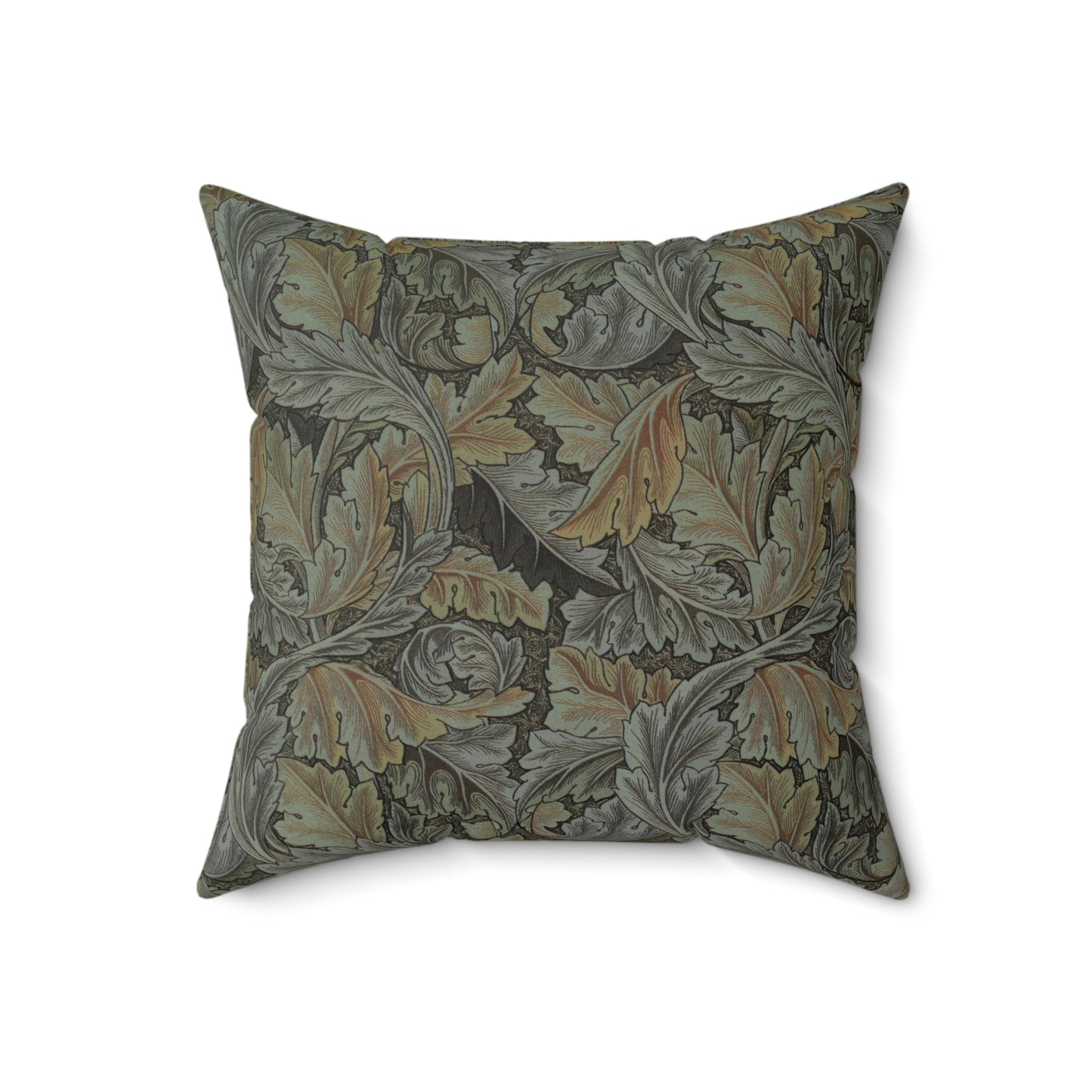 A square-shaped faux suede cushion with a William Morris & Co floral pattern in shades of grey, green, and beige.