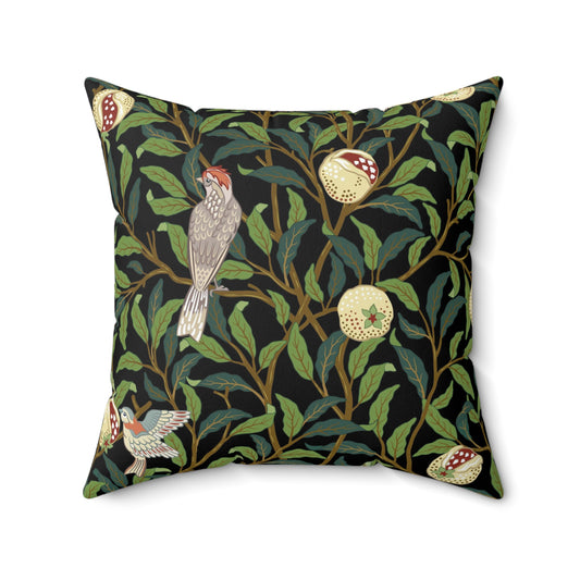 Faux Suede Cushion in a black and green floral pattern by William Morris  & Co called Bird and Pomegranate Collection (Onyx)