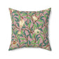 Faux Suede Cushion in a pink, green, brown and red floral pattern by William Morris & Co called Bird and Pomegranate Collection (Rosella)