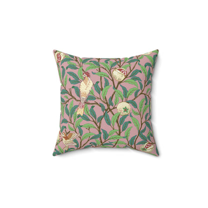 Faux Suede Cushion in a pink, green, brown and red floral pattern by William Morris & Co called Bird and Pomegranate Collection (Rosella)