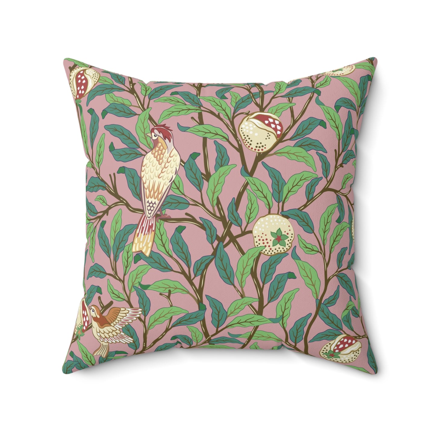 Faux Suede Cushion in a pink, green, brown and red floral pattern by William Morris & Co called Bird and Pomegranate Collection (Rosella)