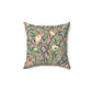 Faux Suede Cushion in a pink, green, brown and red floral pattern by William Morris & Co called Bird and Pomegranate Collection (Rosella)