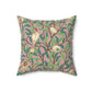 Faux Suede Cushion in a pink, green, brown and red floral pattern by William Morris & Co called Bird and Pomegranate Collection (Rosella)