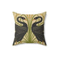 A square-shaped throw pillow with a double-sided print featuring black swans on a beige background with green leaf William Morris & Co patterns.