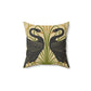 A square-shaped throw pillow with a double-sided print featuring black swans on a beige background with green leaf William Morris & Co patterns.