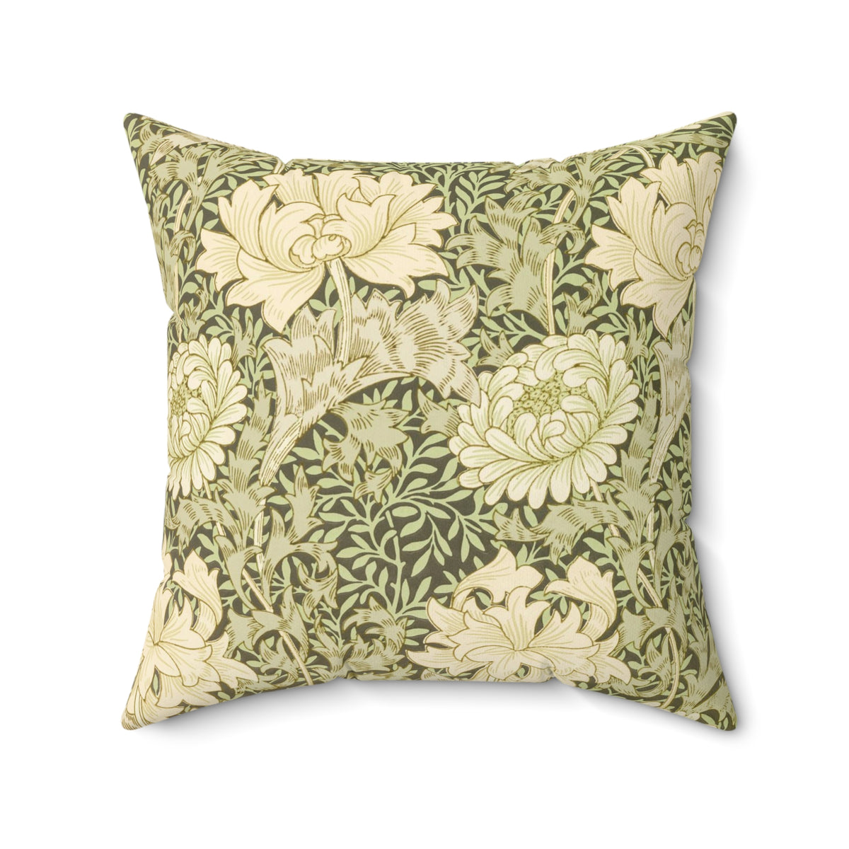 A square-shaped throw pillow with a floral pattern in beige and green colors, featuring a concealed zipper.