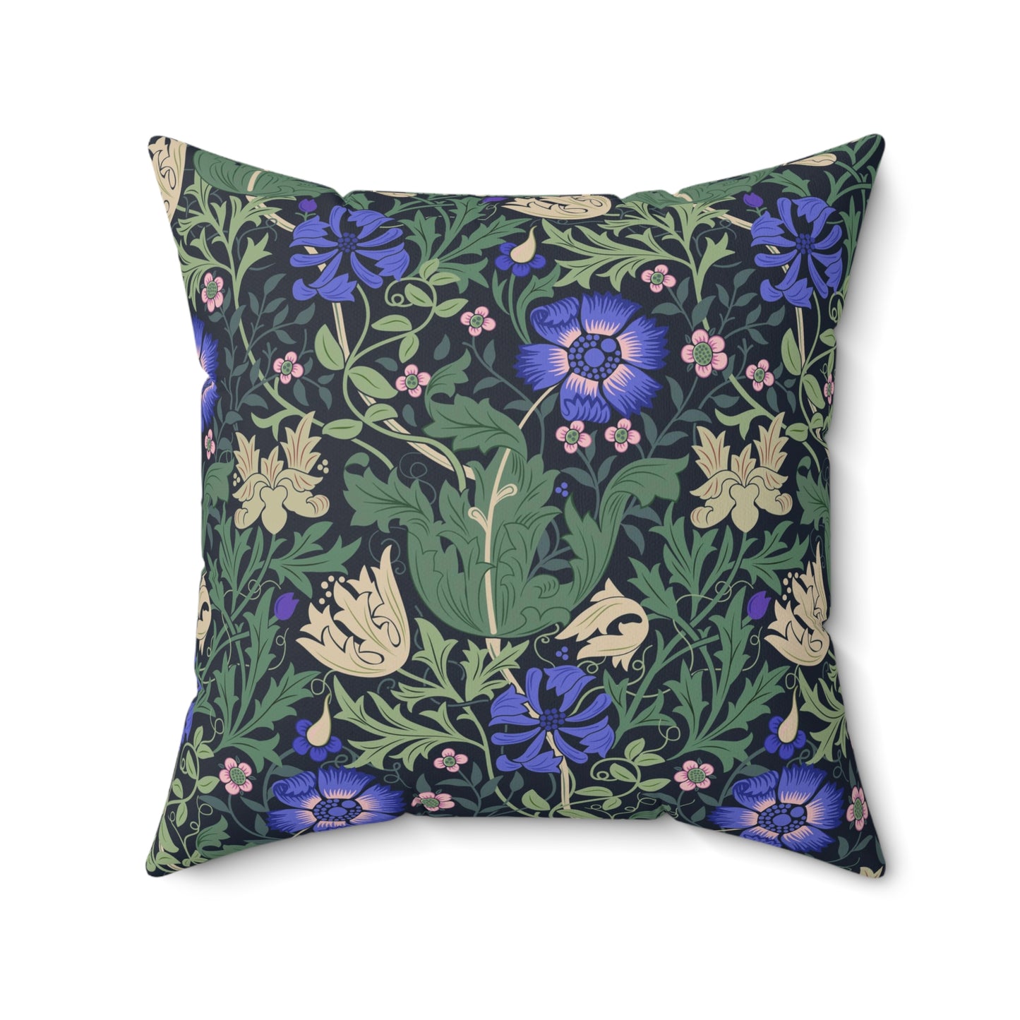 A square-shaped faux suede cushion with a floral William Morris & Co pattern featuring blue flowers and green leaves on a dark background called Compton.