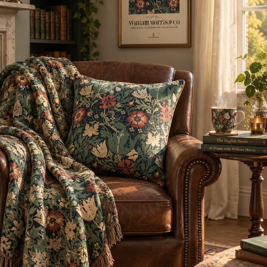 A cozy living room scene featuring a brown leather armchair with a William Morris & Co floral throw blanket and matching decorative pillow in a muted botanical pattern, set beside a side table with a mug and books.