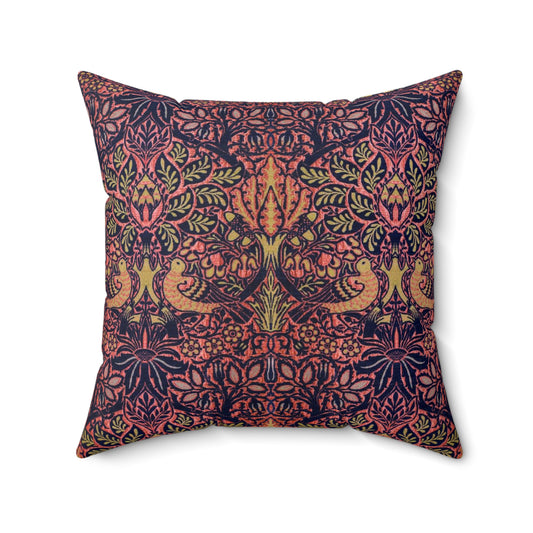 Faux Suede Cushion in a pattern by William Morris & Co called Dove and Rose Collection with orange, pink and purple