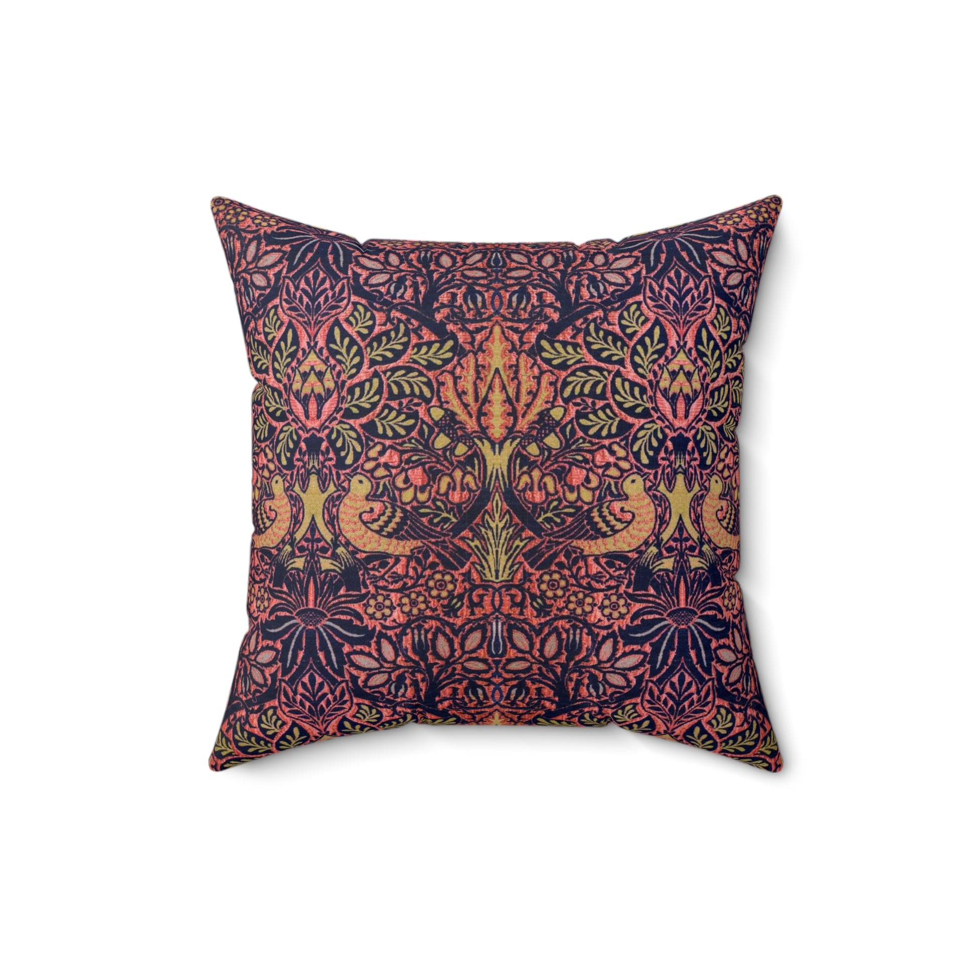 Faux Suede Cushion in a pattern by William Morris & Co called Dove and Rose Collection with orange, pink and purple