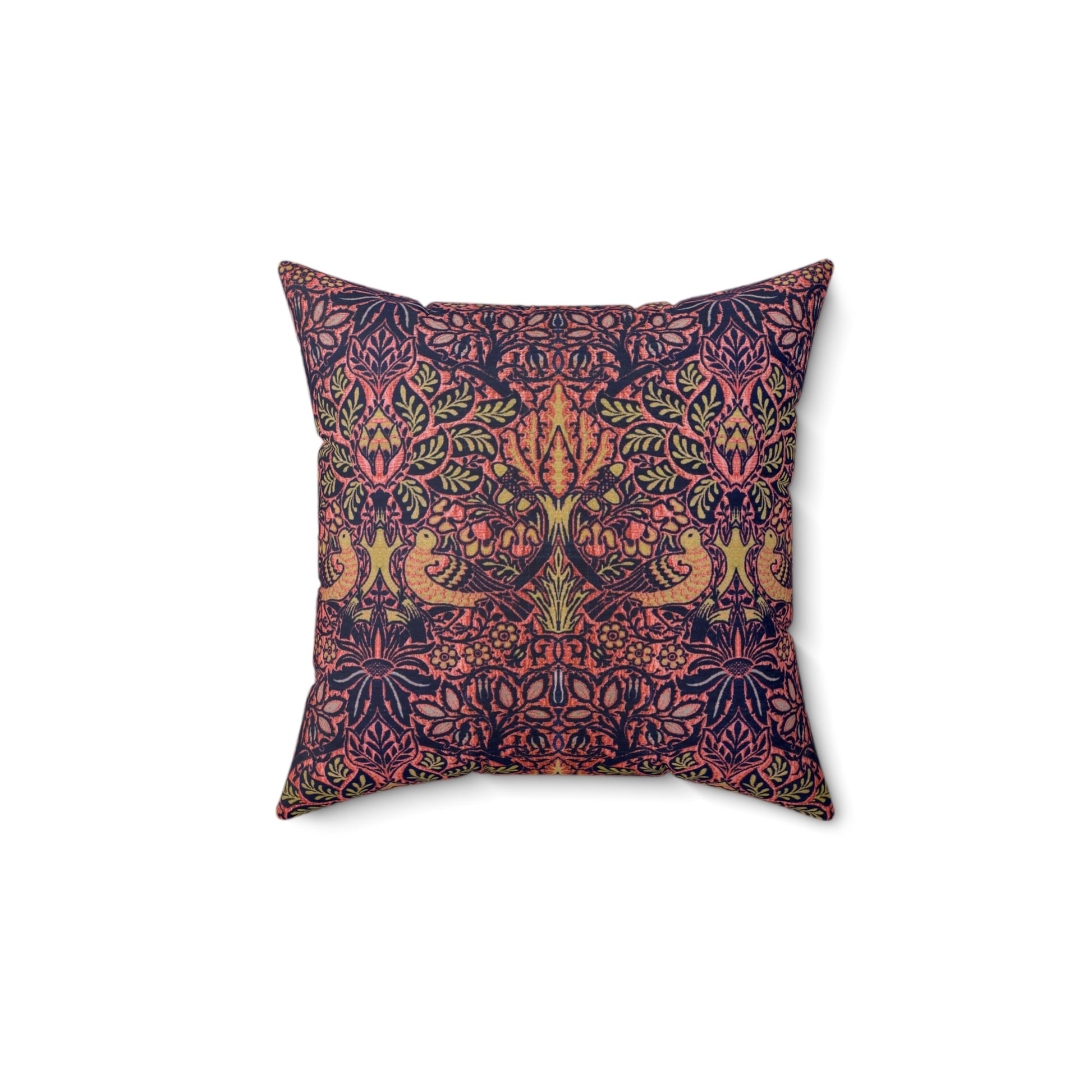 Faux Suede Cushion in a pattern by William Morris & Co called Dove and Rose Collection with orange, pink and purple