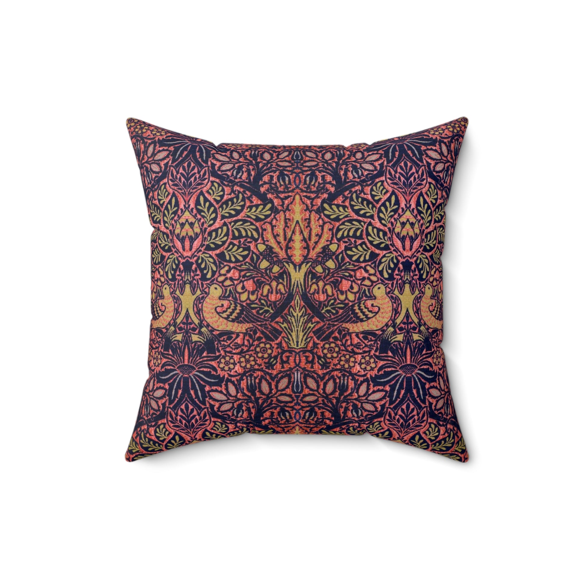 Faux Suede Cushion in a pattern by William Morris & Co called Dove and Rose Collection with orange, pink and purple