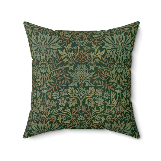 A square-shaped cushion with a floral William Morris & Co pattern in green faux suede fabric.