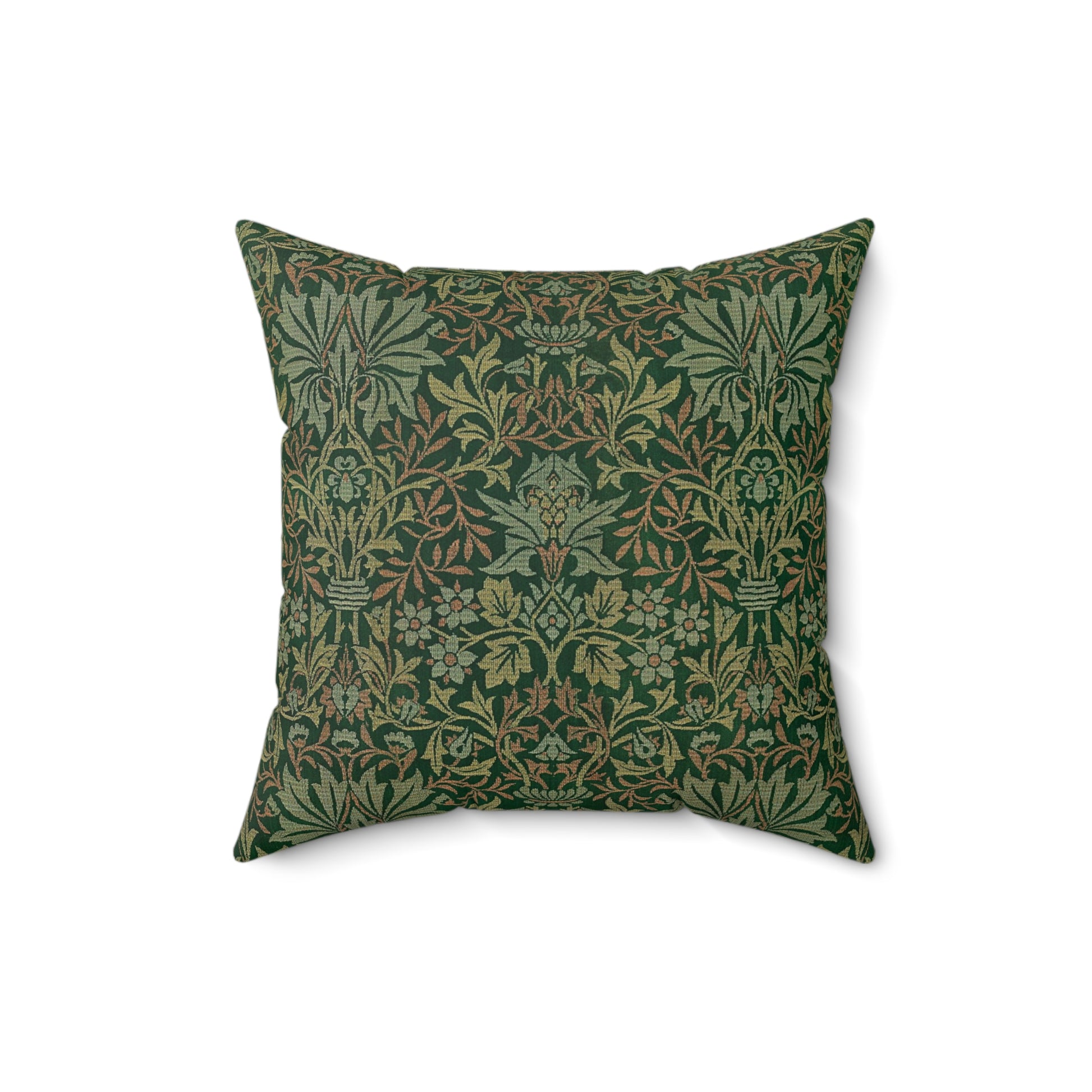 A square-shaped cushion with a floral William Morris & Co pattern in green faux suede fabric.