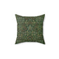 A square-shaped cushion with a floral William Morris & Co pattern in green faux suede fabric.