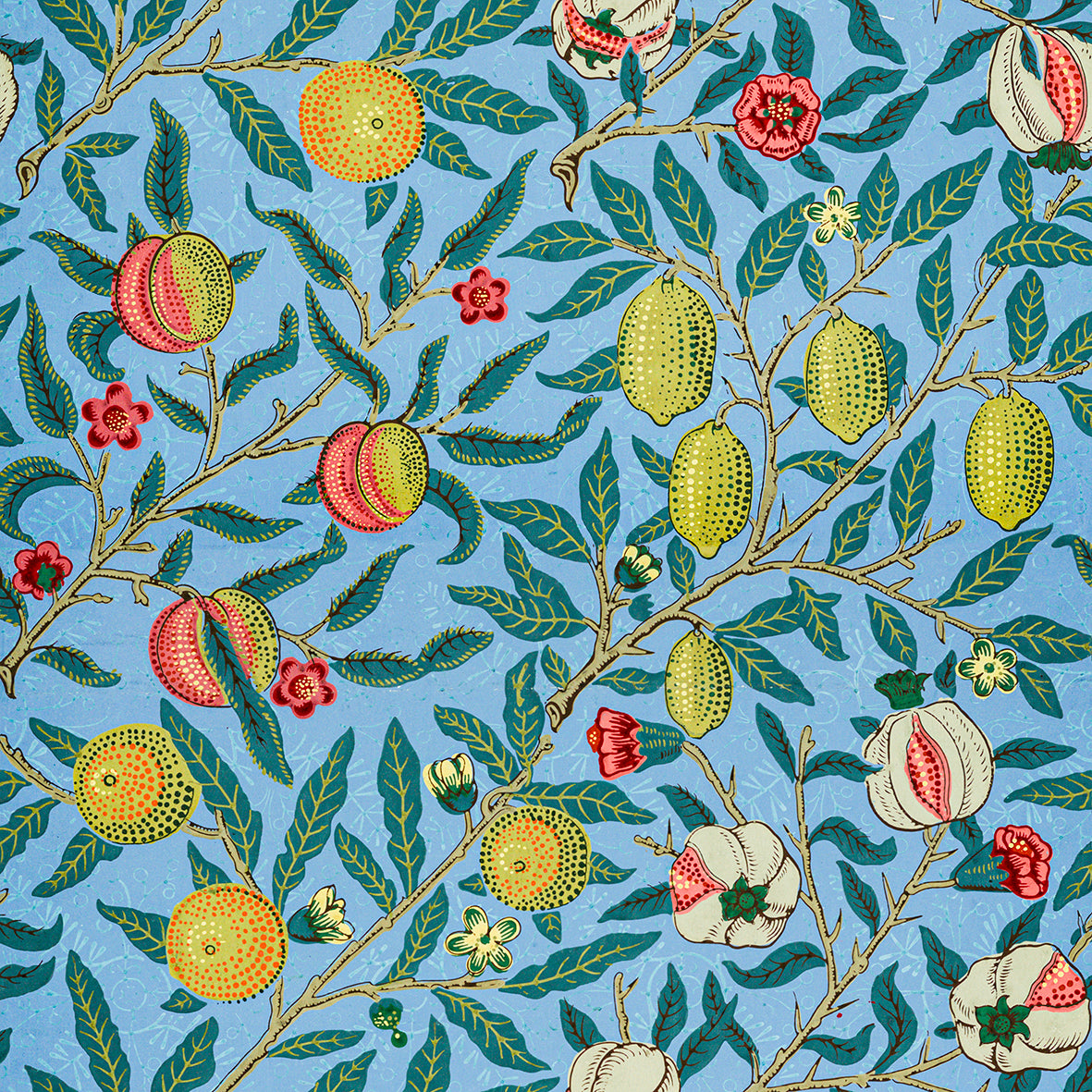 A square-shaped cushion with a blue background featuring an all-over print of various fruits and floral patterns in a traditional William Morris design style.
