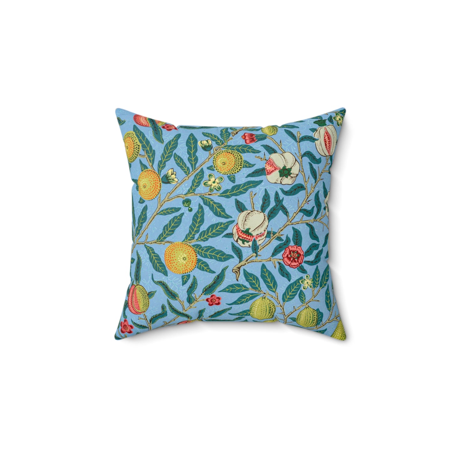 A square-shaped cushion with a blue background featuring an all-over print of various fruits and floral patterns in a traditional William Morris design style.