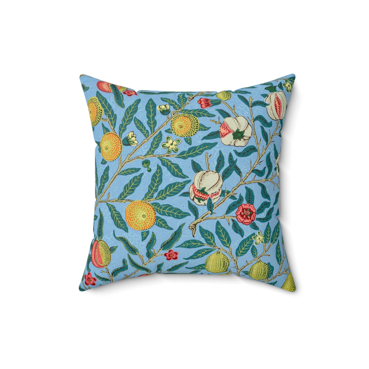 A square-shaped cushion with a blue background featuring an all-over print of various fruits and floral patterns in a traditional William Morris design style.