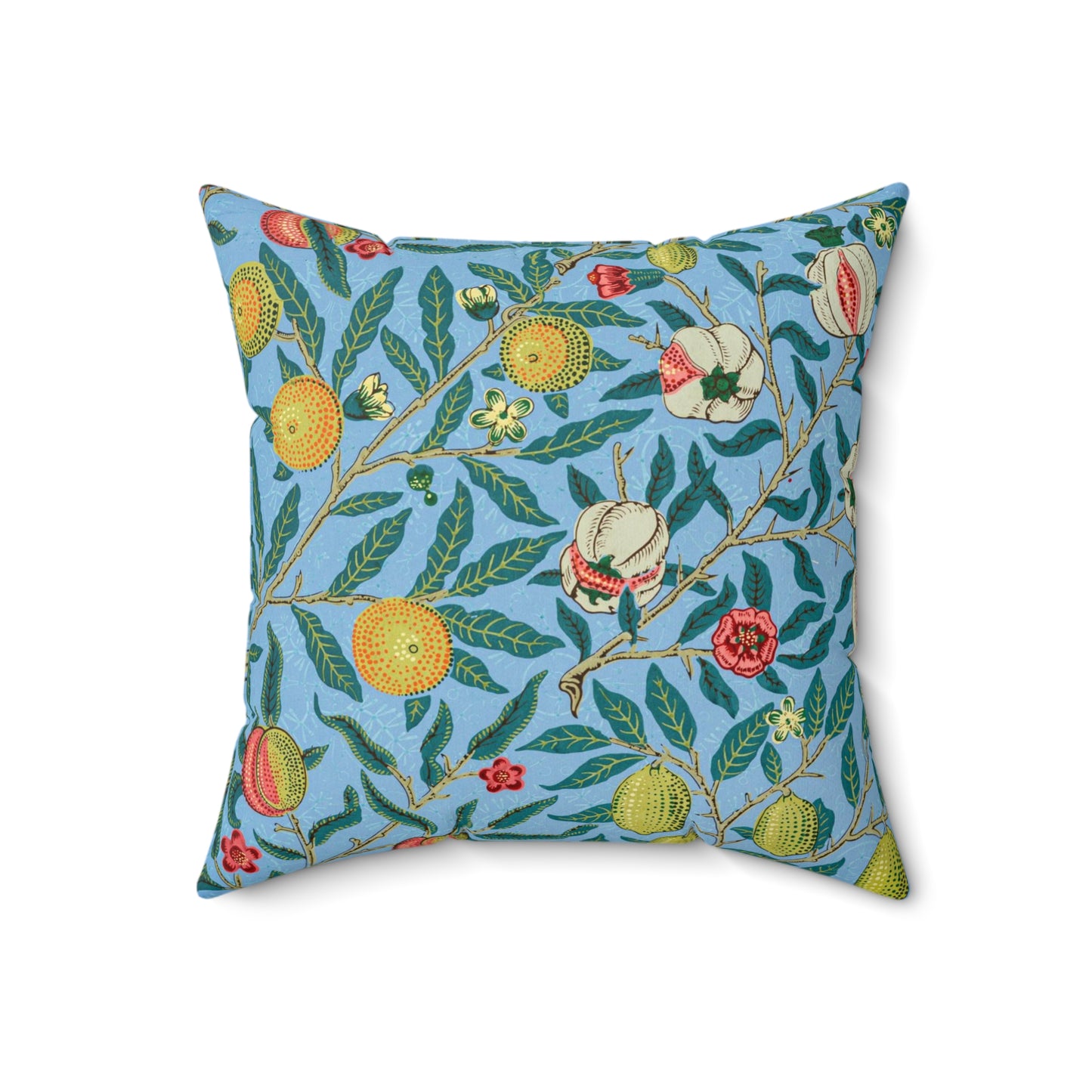 A square-shaped cushion with a blue background featuring an all-over print of various fruits and floral patterns in a traditional William Morris design style.