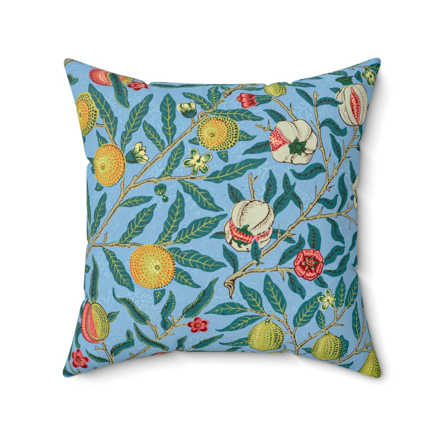 A square-shaped cushion with a blue background featuring an all-over print of various fruits and floral patterns in a traditional William Morris design style.