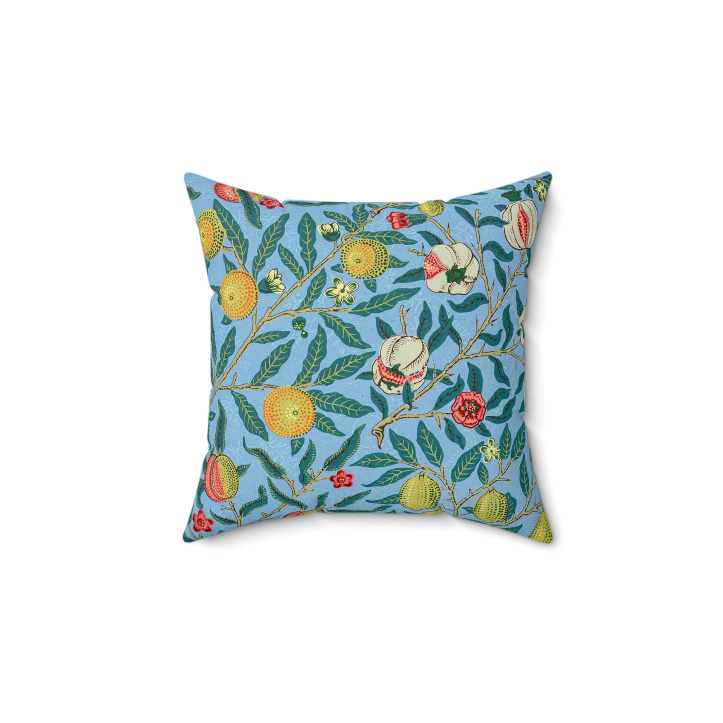 A square-shaped cushion with a blue background featuring an all-over print of various fruits and floral patterns in a traditional William Morris design style.
