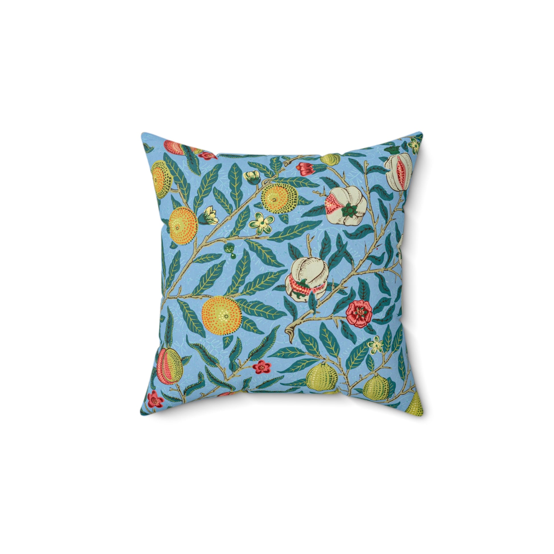 A square-shaped cushion with a blue background featuring an all-over print of various fruits and floral patterns in a traditional William Morris design style.
