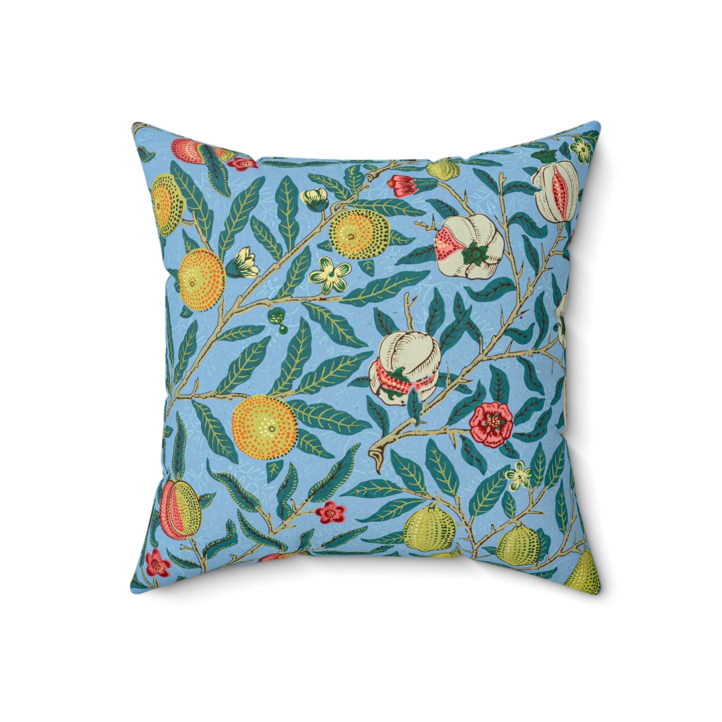 A square-shaped cushion with a blue background featuring an all-over print of various fruits and floral patterns in a traditional William Morris design style.