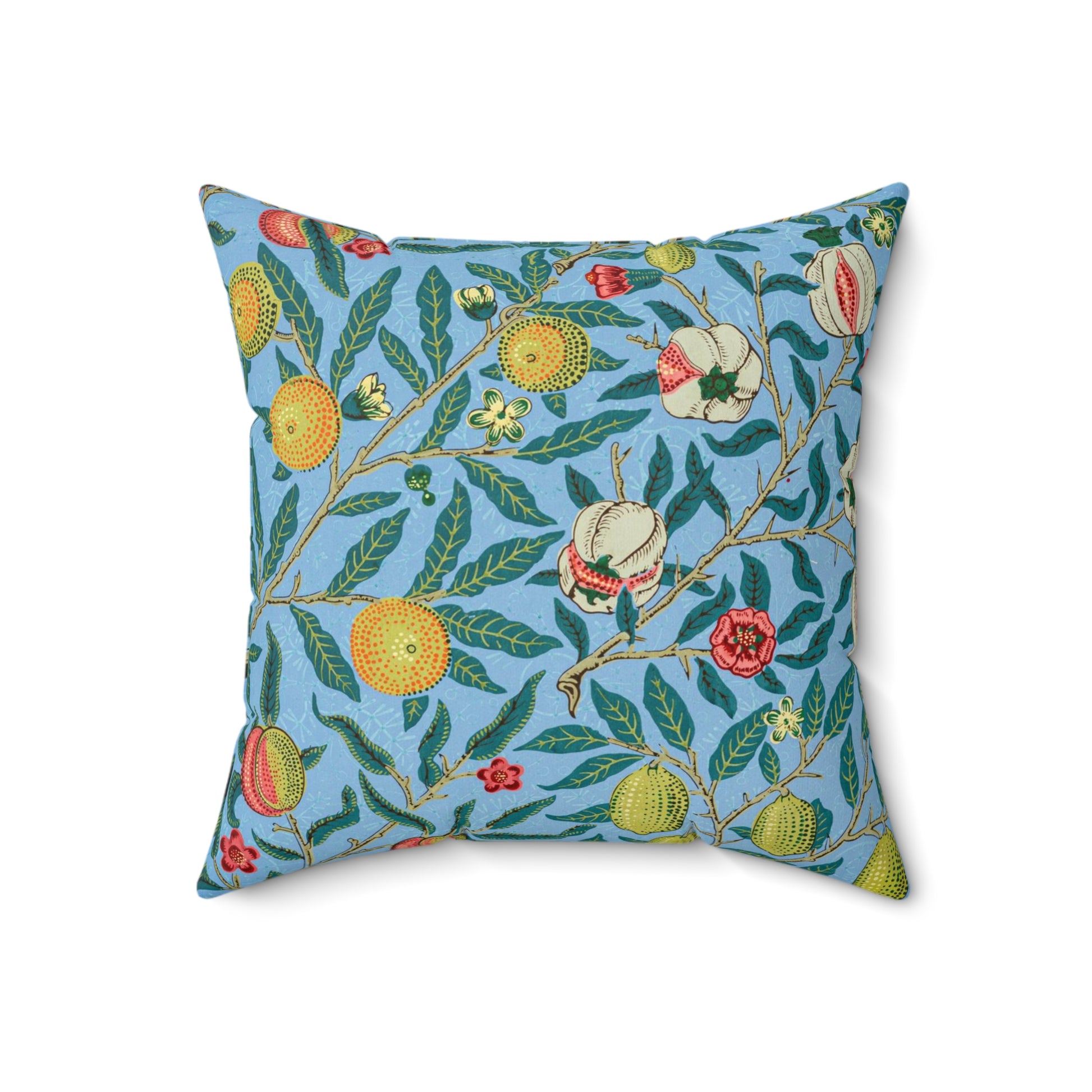 A square-shaped cushion with a blue background featuring an all-over print of various fruits and floral patterns in a traditional William Morris design style.