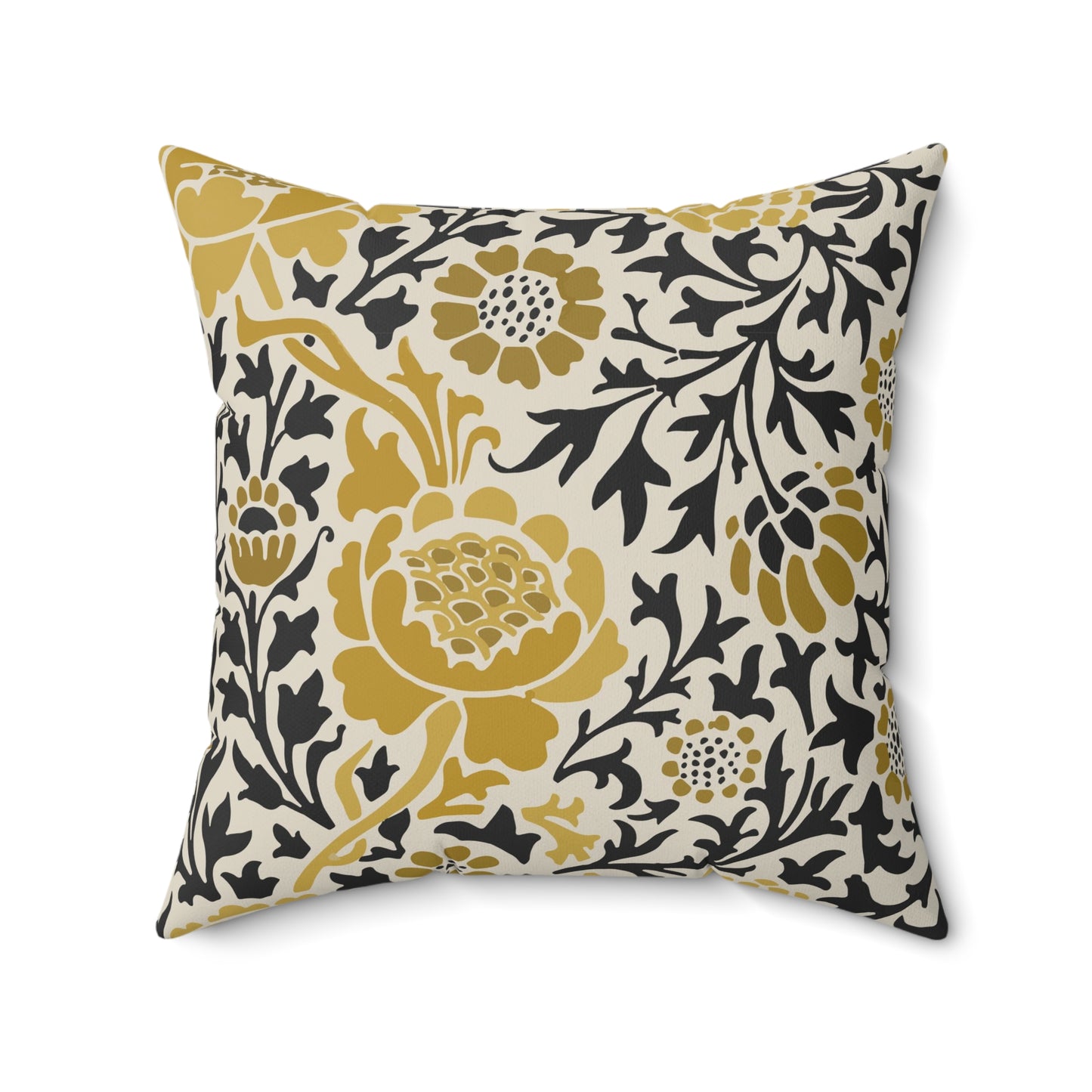 A square-shaped cushion with a floral William Morris & Co pattern called Grafton featuring beige, black and gold colours on a white background.