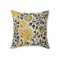 A square-shaped cushion with a floral William Morris & Co pattern called Grafton featuring beige, black and gold colours on a white background.
