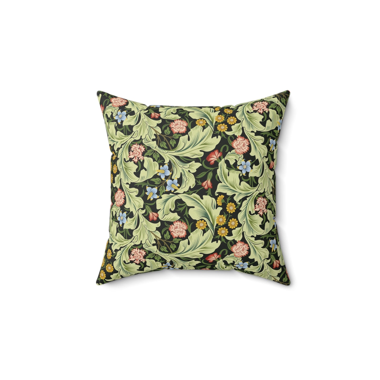 A square-shaped cushion with a green faux suede cover featuring a floral pattern designed by William Morris - Leicester Collection.