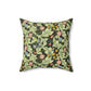 A square-shaped cushion with a green faux suede cover featuring a floral pattern designed by William Morris - Leicester Collection.