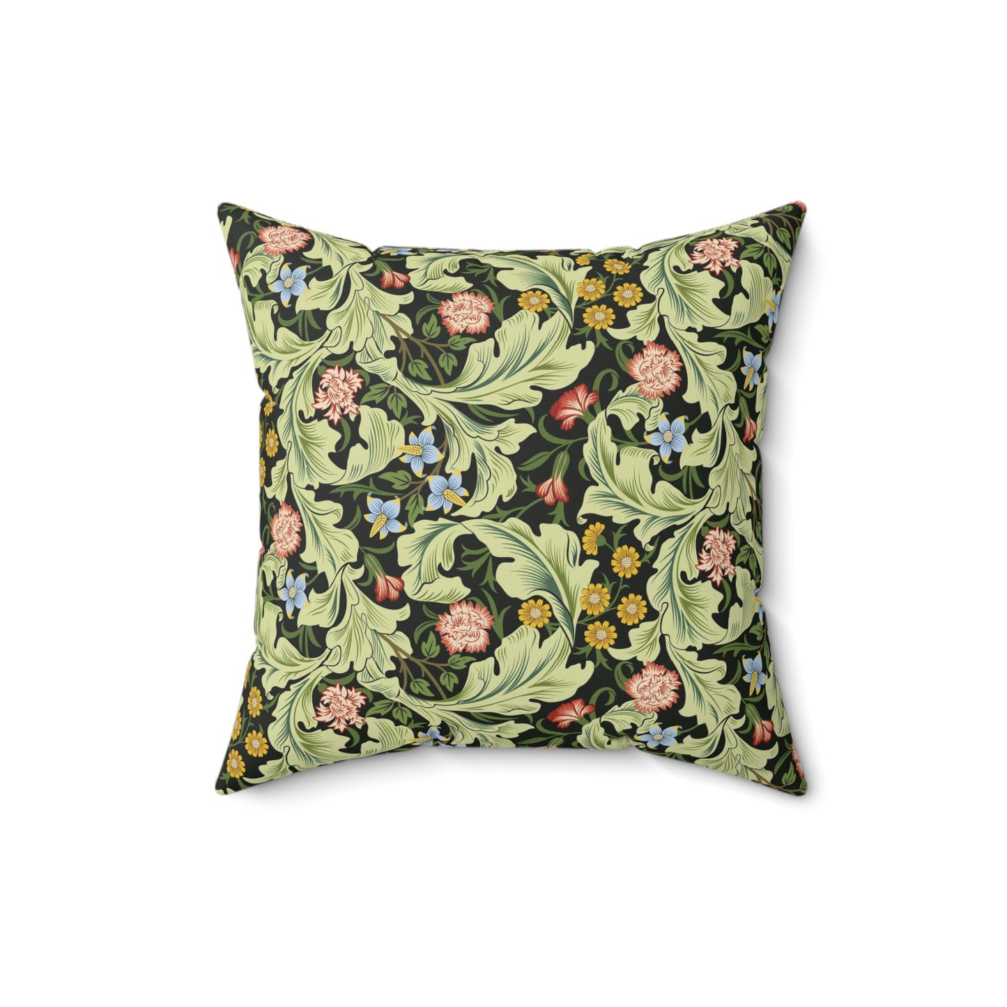 A square-shaped cushion with a green faux suede cover featuring a floral pattern designed by William Morris - Leicester Collection.