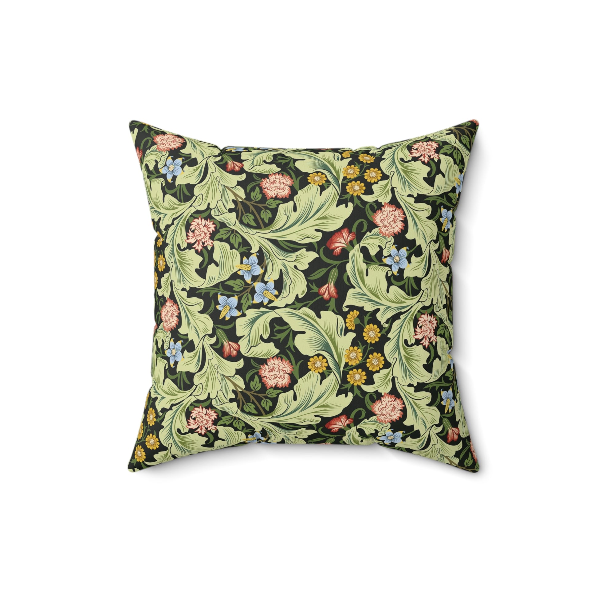 A square-shaped cushion with a green faux suede cover featuring a floral pattern designed by William Morris - Leicester Collection.