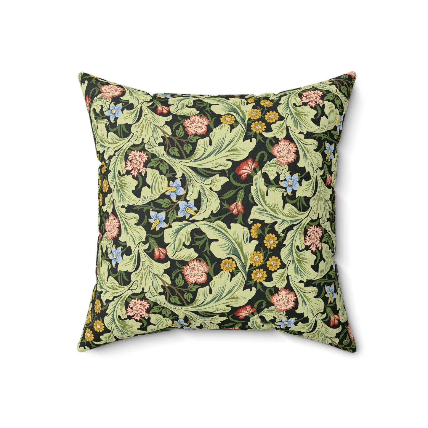 A square-shaped cushion with a green faux suede cover featuring a floral pattern designed by William Morris - Leicester Collection.