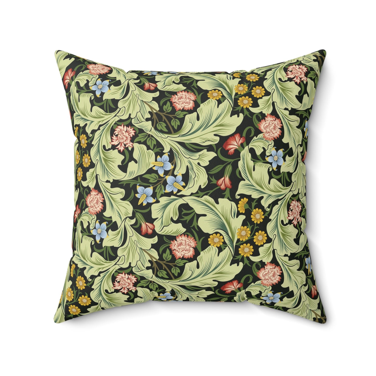 A square-shaped cushion with a green faux suede cover featuring a floral pattern designed by William Morris - Leicester Collection.