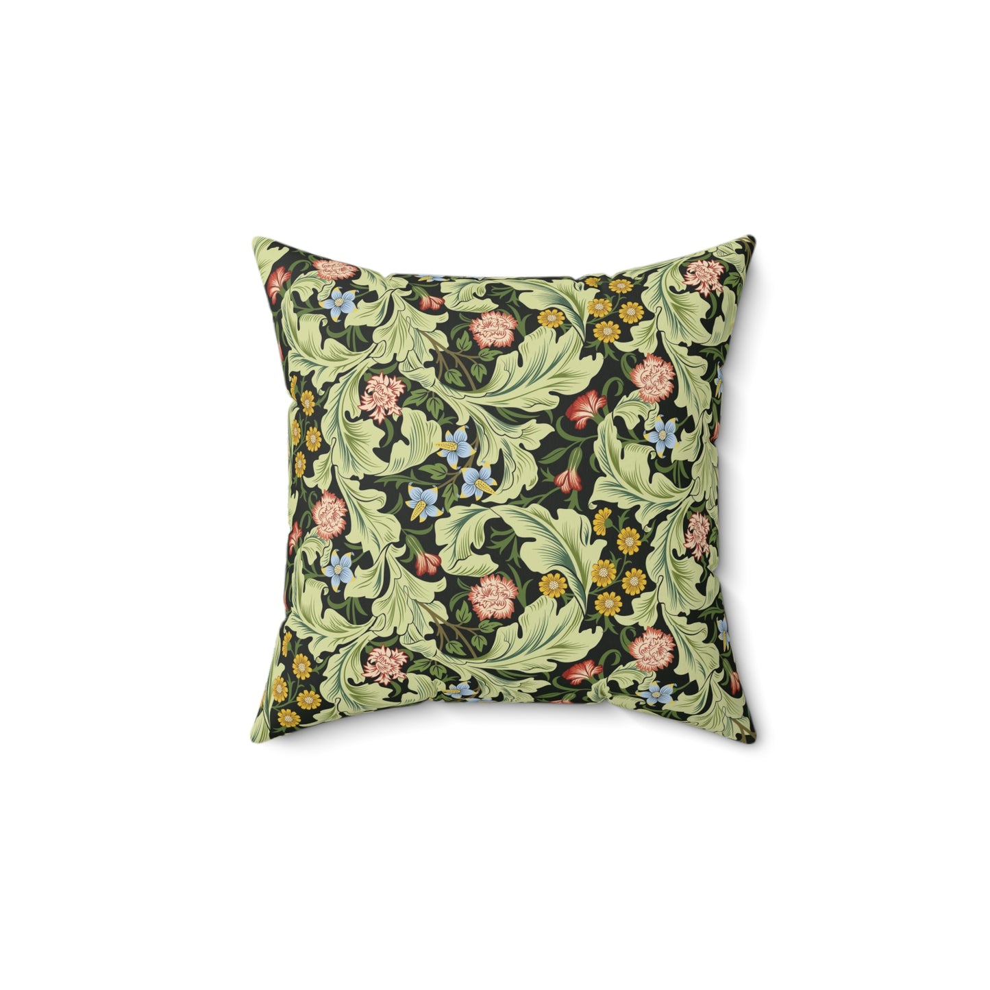 A square-shaped cushion with a green faux suede cover featuring a floral pattern designed by William Morris - Leicester Collection.