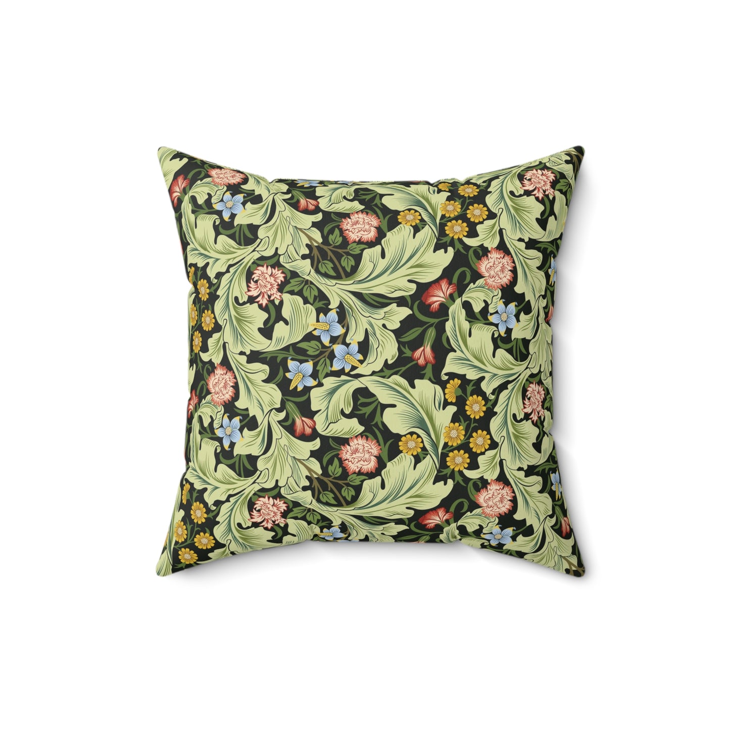 A square-shaped cushion with a green faux suede cover featuring a floral pattern designed by William Morris - Leicester Collection.