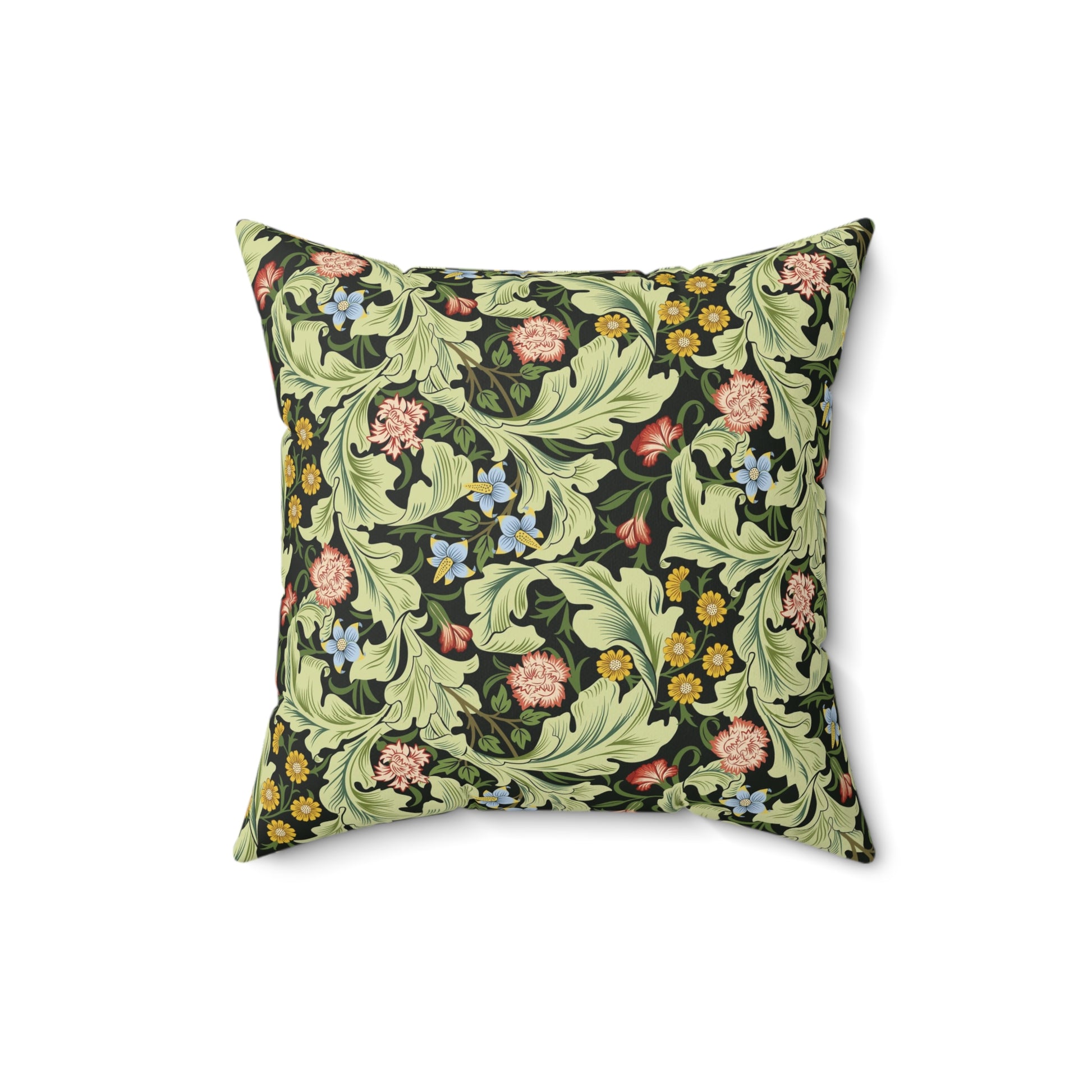 A square-shaped cushion with a green faux suede cover featuring a floral pattern designed by William Morris - Leicester Collection.