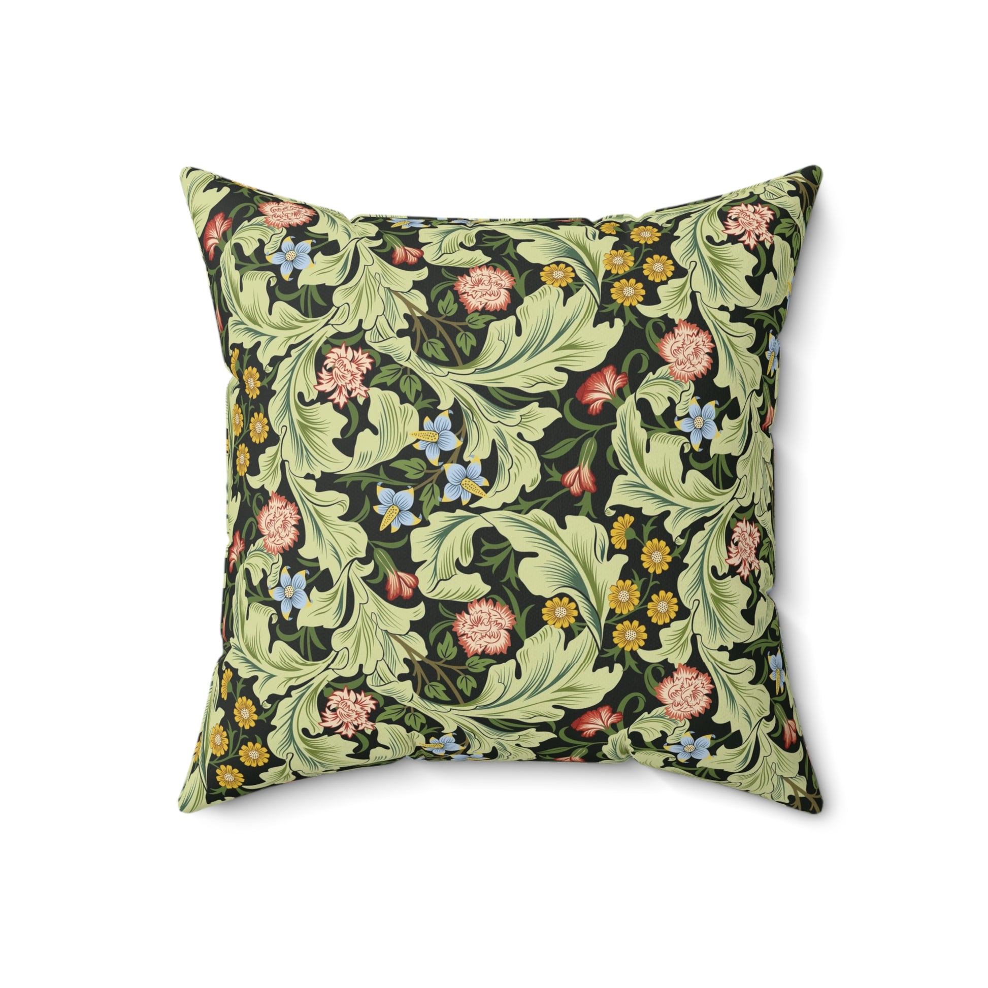 A square-shaped cushion with a green faux suede cover featuring a floral pattern designed by William Morris - Leicester Collection.