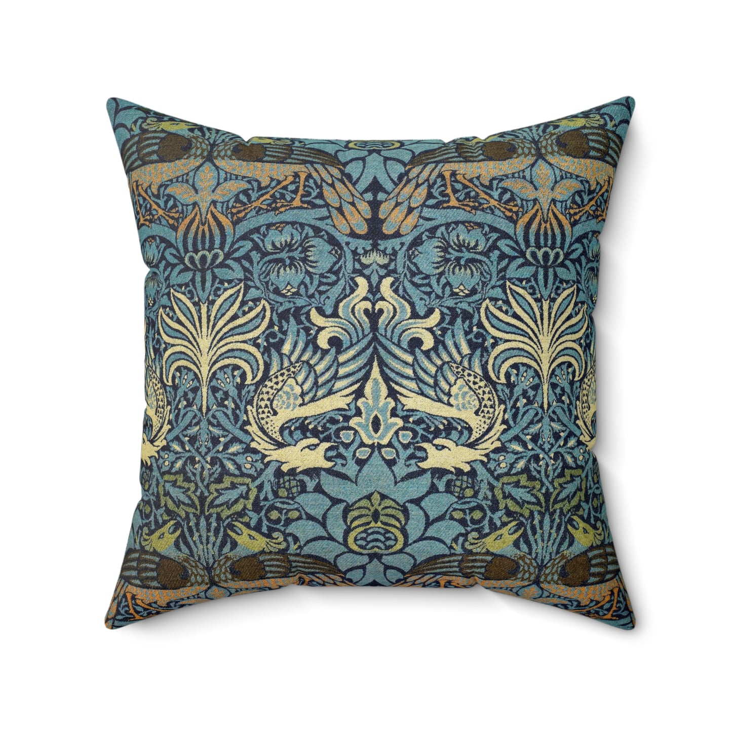A square-shaped throw pillow with a  William Morris & Co floral and peacock design on a dark blue background with a visible concealed zipper.